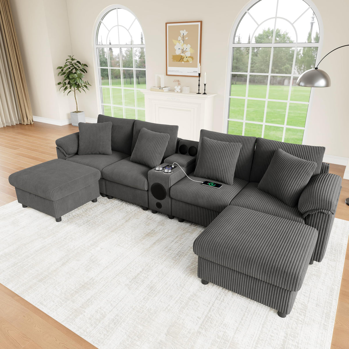 Sofá modular de 6 plazas, sofá esquinero en forma de L/U, puertos USB/tipo C, portavasos y espacio de almacenamiento, tela de chenilla, 7 cojines, salón, dormitorio y oficina, color beige