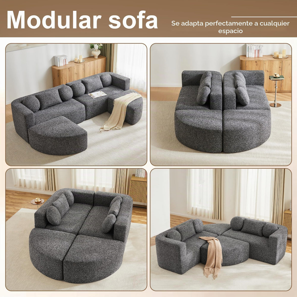 LAKFEW Sofa Cama con Cama Extensible y Taburete Almacenaje, Sofa Rinconera con USB, Lámpara de Lectura, Mesa Plegable con 2 Posavasos, 205x205x85 cm, Gris