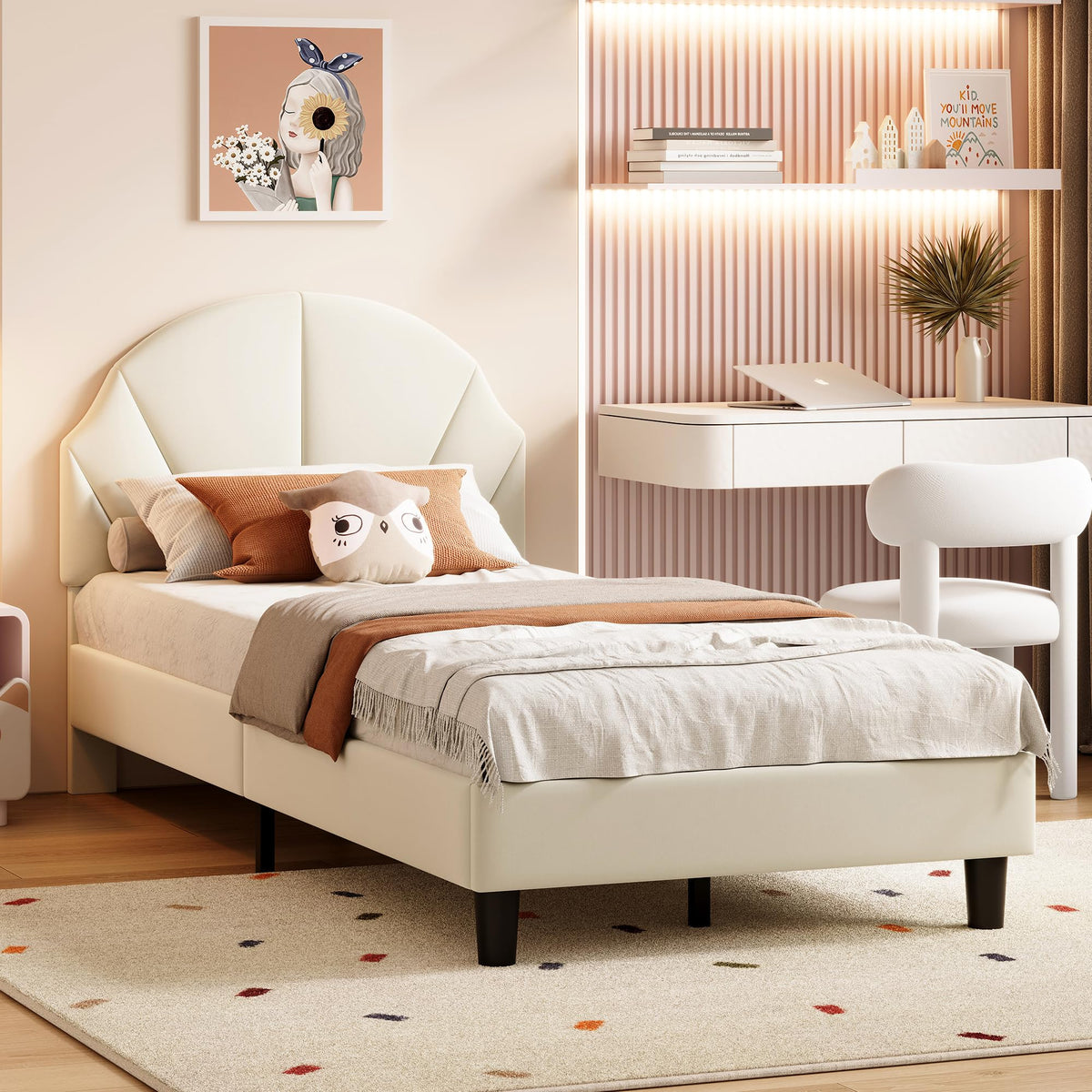 Cama Infantil tapizada 140 x 200 cm con LED, Cama tapizada para niños 140 x 200 con cabecera Ajustable Marco de Camas, Camas de Princesa para Niña en Forma de Corona con Somier(Rosa, 140 x 200)