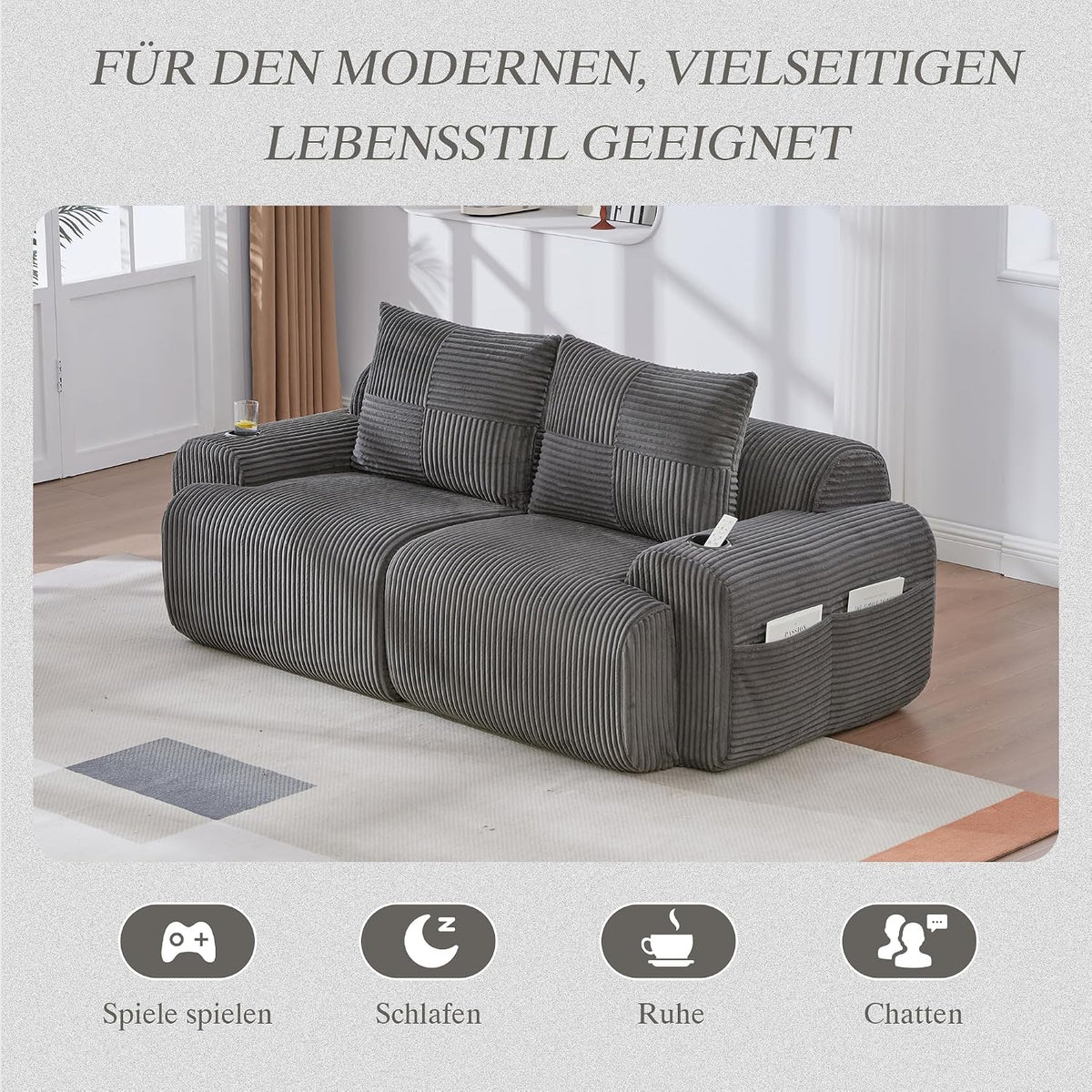 Sofá modular de 200 cm, sofá de 2 plazas con portabebidas y bolsillo de almacenamiento lateral, sofá comprimido de pana, sofá seccional para sala de estar y dormitorio