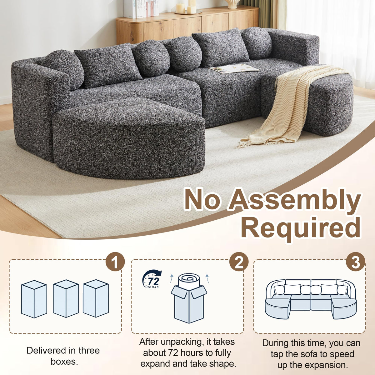 LAKFEW Sofa Cama con Cama Extensible y Taburete Almacenaje, Sofa Rinconera con USB, Lámpara de Lectura, Mesa Plegable con 2 Posavasos, 205x205x85 cm, Gris