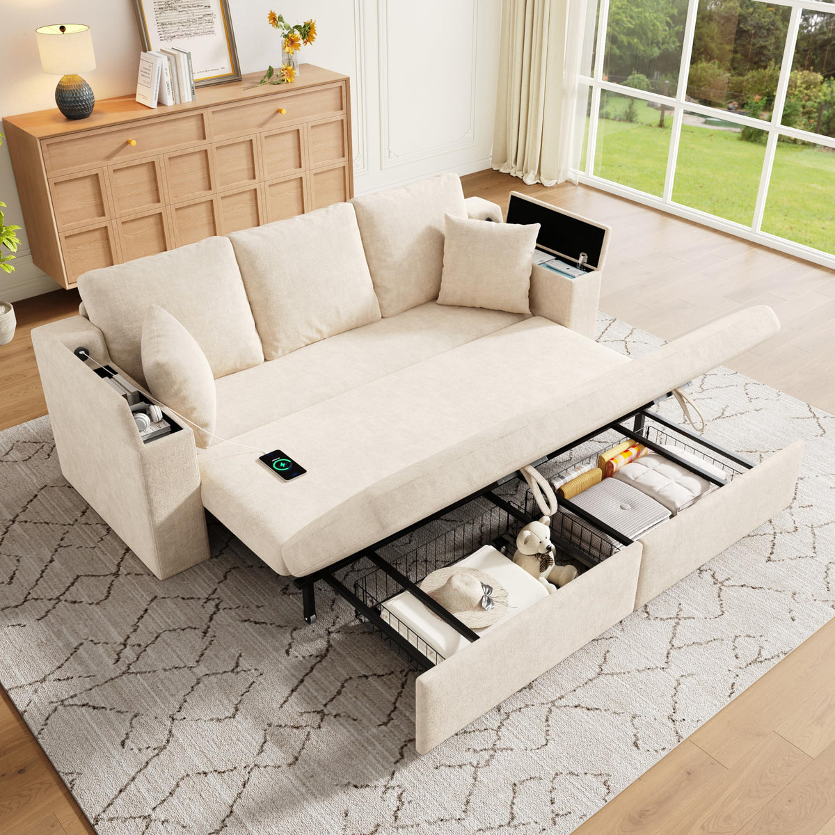 Sofá cama de 210 cm, multifuncional, 3 plazas, con función de dormir, sofá cama extensible, sofá con espacio de almacenamiento, reposabrazos y puerto de carga USB, para salón y dormitorio, color
