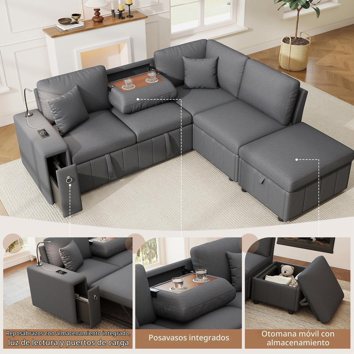 Sapgaks Sofá de esquina convertible de 6 plazas con USB, sofá convertible de 6 plazas, sofá de 6 plazas, en chenilla, con apoyabrazos en forma de librería, puf extraíble para configuraciones en L y en