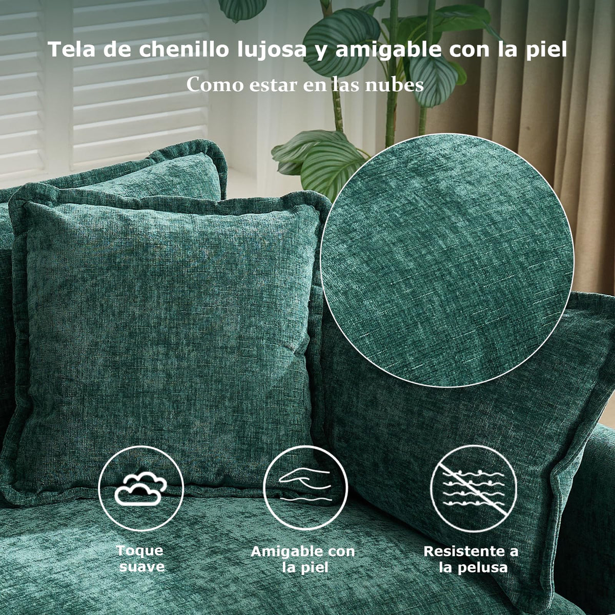 Sofá de salón modular 4 plazas 380cm, chenilla azul con cojines dobles