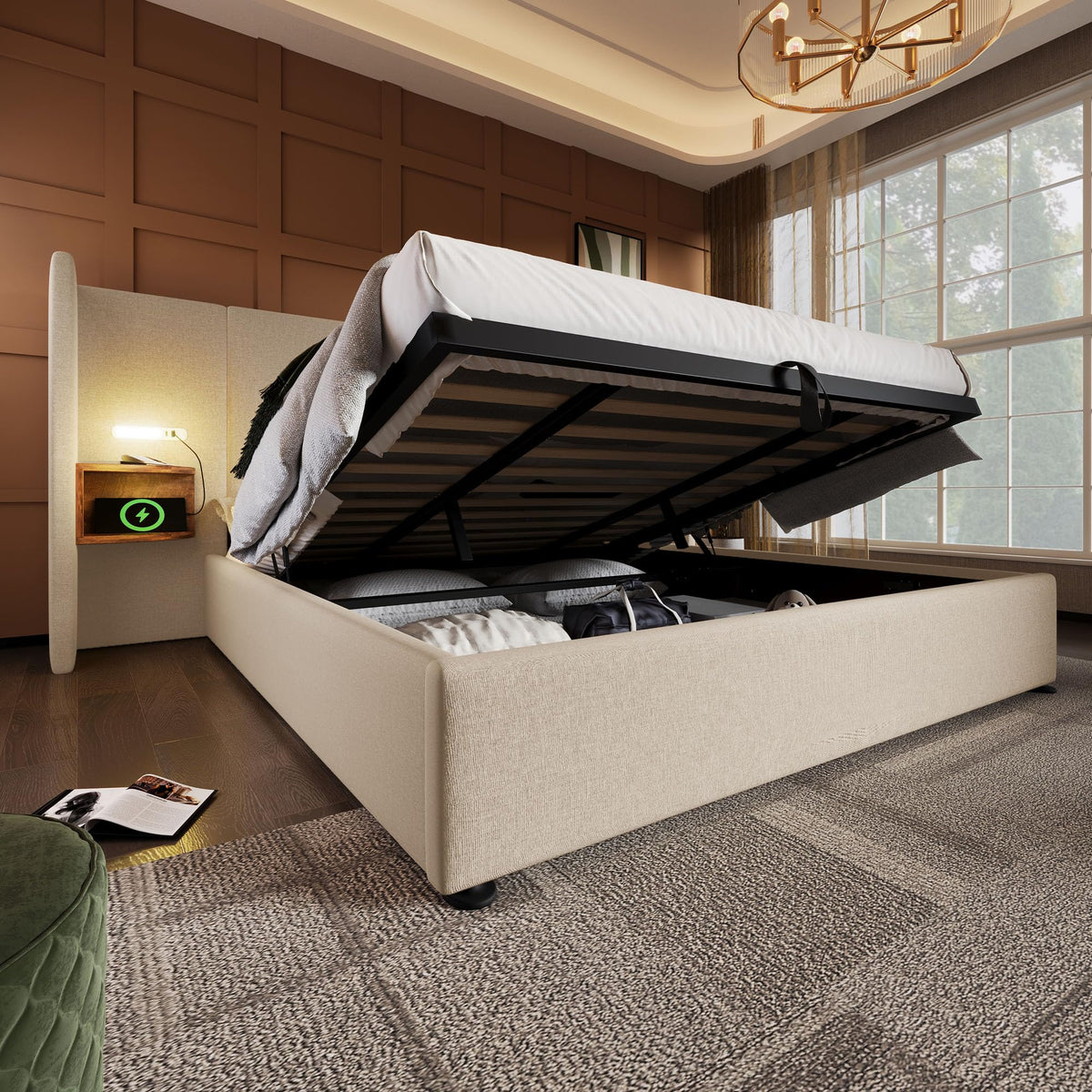 Camas Matrimoniales 160x200 con Cabecero Extendido y Espacio de Almacenaje Hidráulica, Cama Matrimonio con Lámpara de Lectura, Cama Doble con Puerto USB y Tipo C, Lino, Gris, Sin Colchón