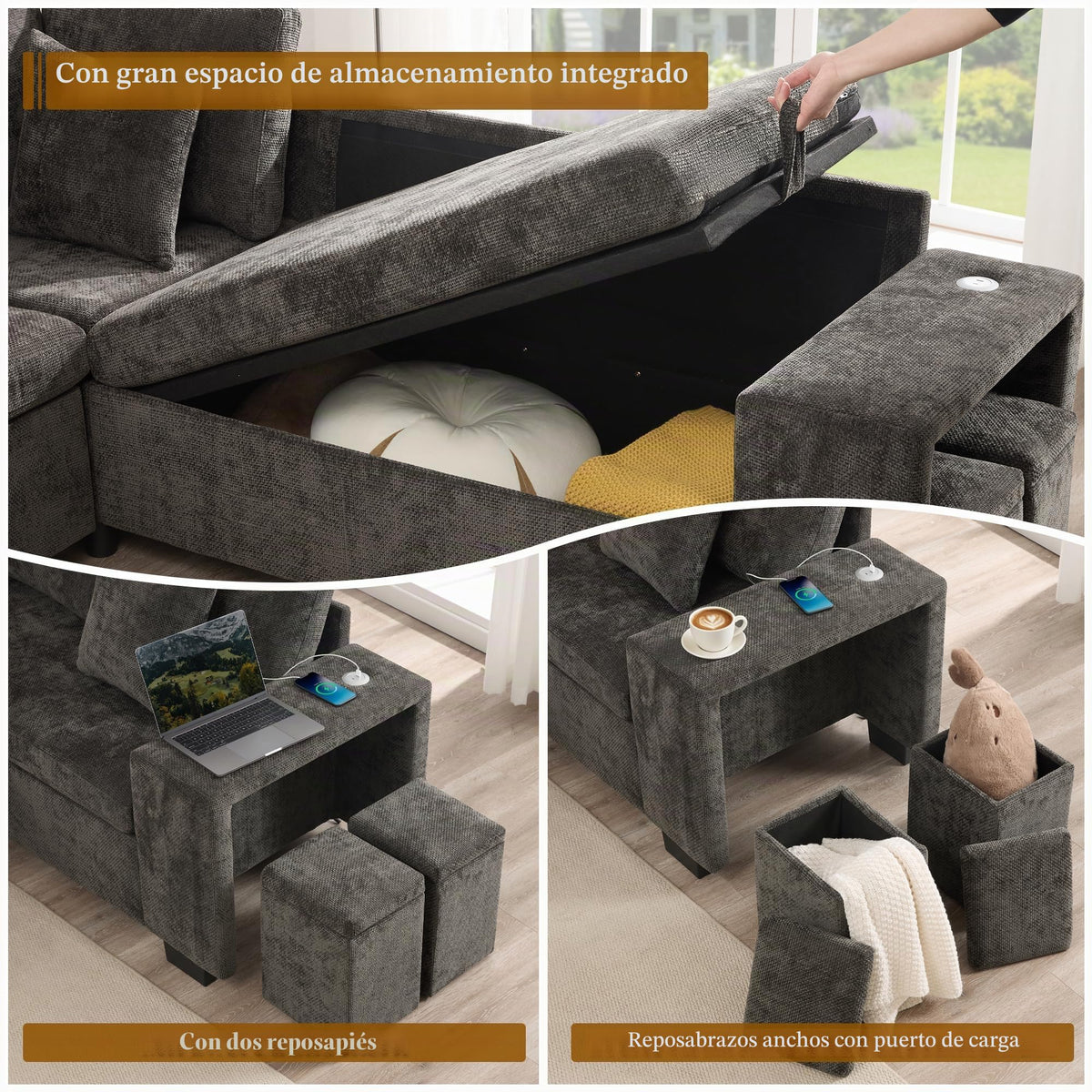 Sofá moderno de chenilla en forma de U con chaise longue, sofá esquinero de 4 plazas con espacio de almacenamiento, puerto USB y tipo C, modular, con soporte para bebidas y cojines suaves