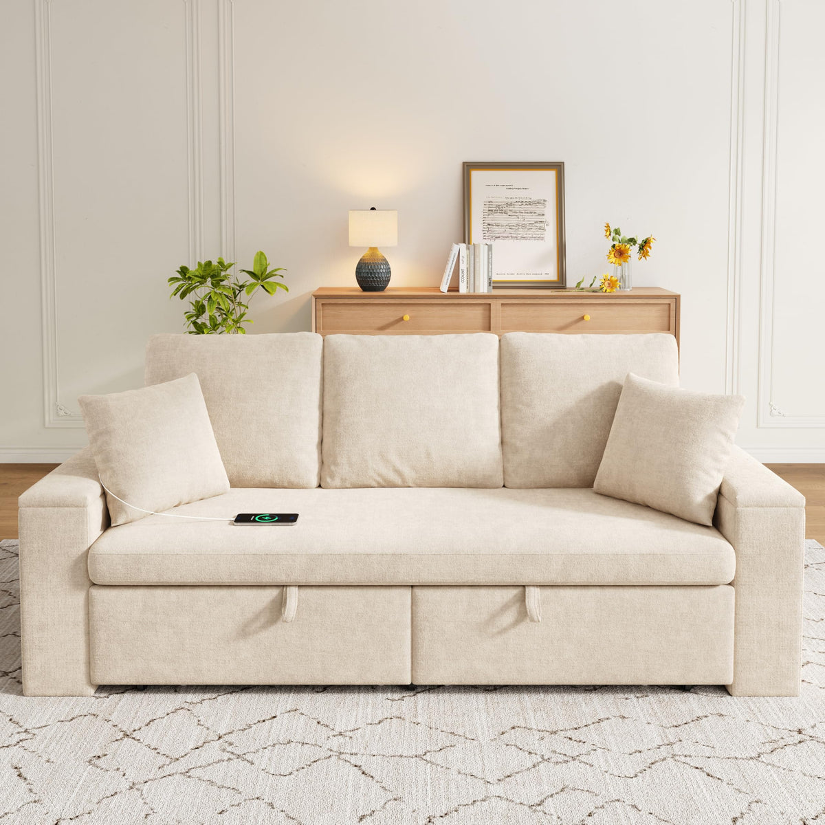 Sofá cama de 210 cm, multifuncional, 3 plazas, con función de dormir, sofá cama extensible, sofá con espacio de almacenamiento, reposabrazos y puerto de carga USB, para salón y dormitorio, color