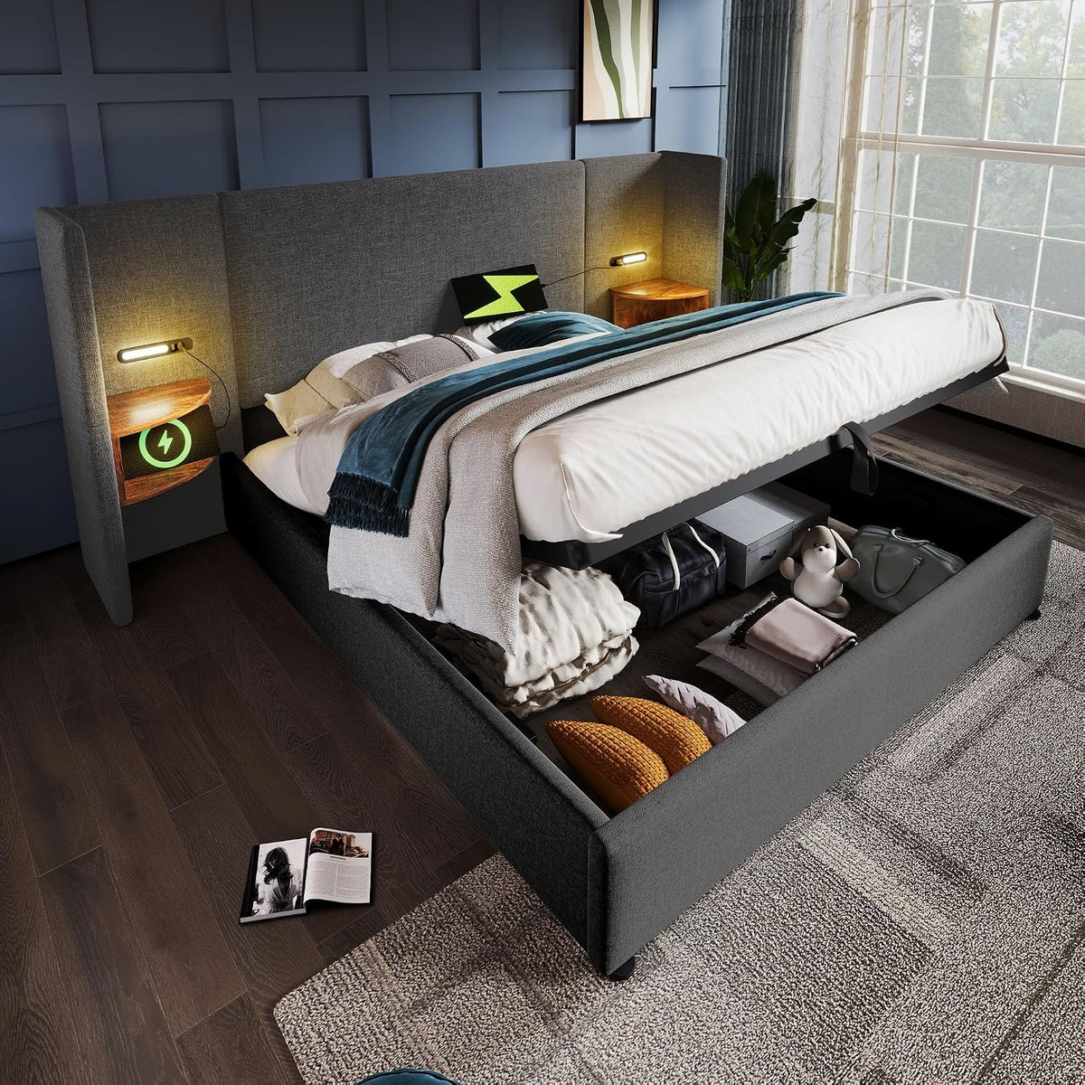 Camas Matrimoniales 160x200 con Cabecero Extendido y Espacio de Almacenaje Hidráulica, Cama Matrimonio con Lámpara de Lectura, Cama Doble con Puerto USB y Tipo C, Lino, Gris, Sin Colchón