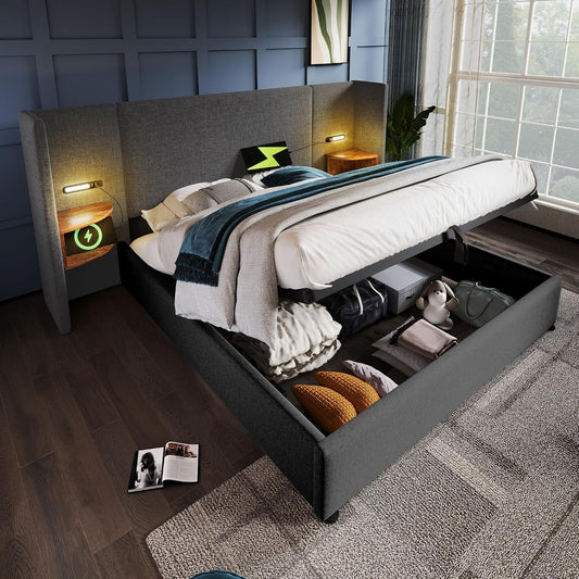 Camas Matrimoniales 160x200 con Cabecero Extendido y Espacio de Almacenaje Hidráulica, Cama Matrimonio con Lámpara de Lectura, Cama Doble con Puerto USB y Tipo C, Lino, Gris, Sin Colchón