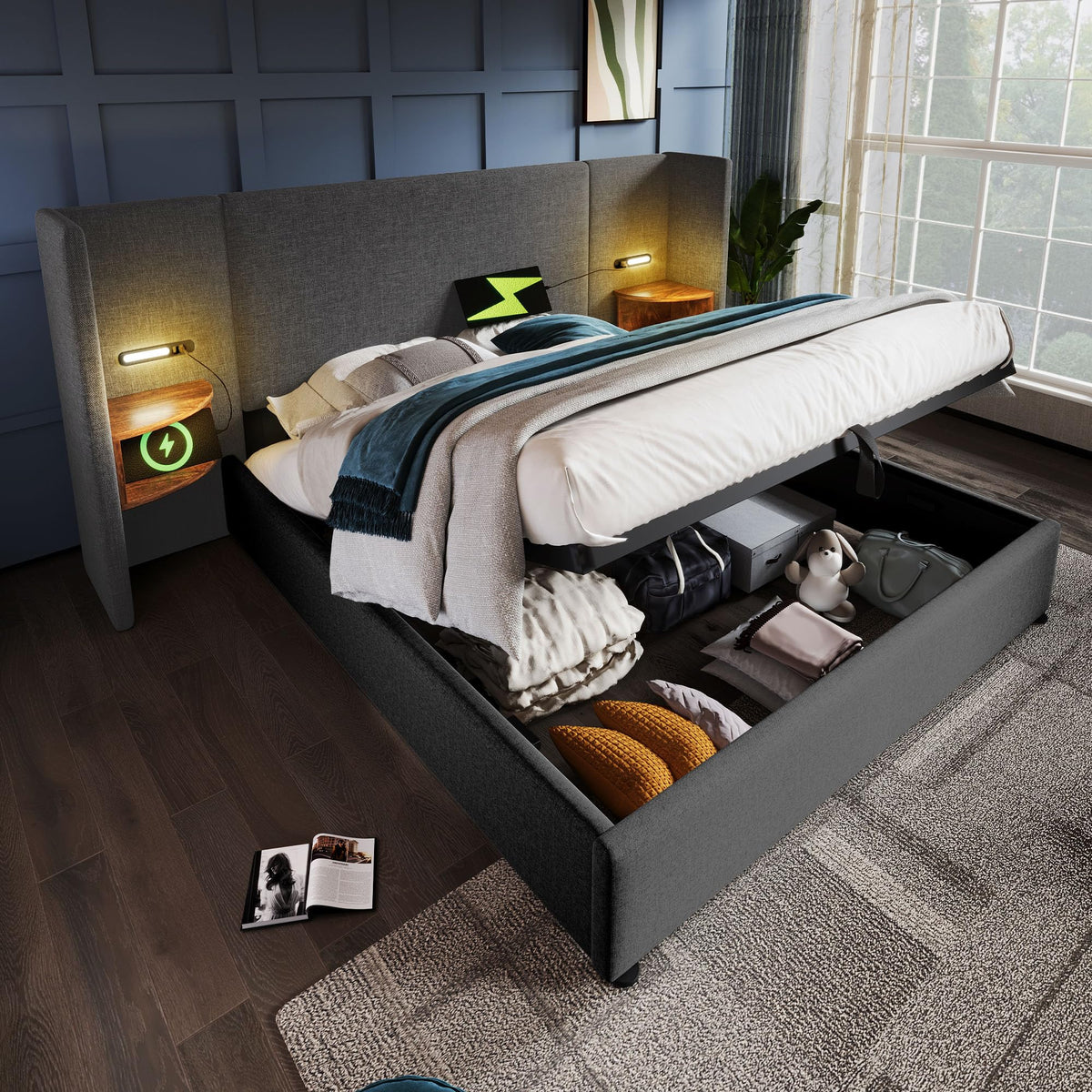 Camas Matrimoniales 160x200 con Cabecero Extendido y Espacio de Almacenaje Hidráulica, Cama Matrimonio con Lámpara de Lectura, Cama Doble con Puerto USB y Tipo C, Lino, Gris, Sin Colchón