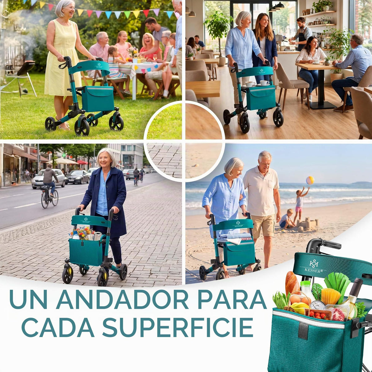 KESSER® Andador plegable con asiento y respaldo, 4 Ruedas/Frenos/Saco de Compra y Porta Bastón, Altura Ajustable 82-94cm, Andador, Carro, Rollator para Ancianos Gris