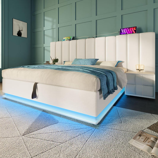 Cama tapizada 180×200cm, Cama Doble con canapé con LED y función de Carga USB-C, PU, sin colchón ni mesita de Noche (Blanco, 180 x 200 cm)