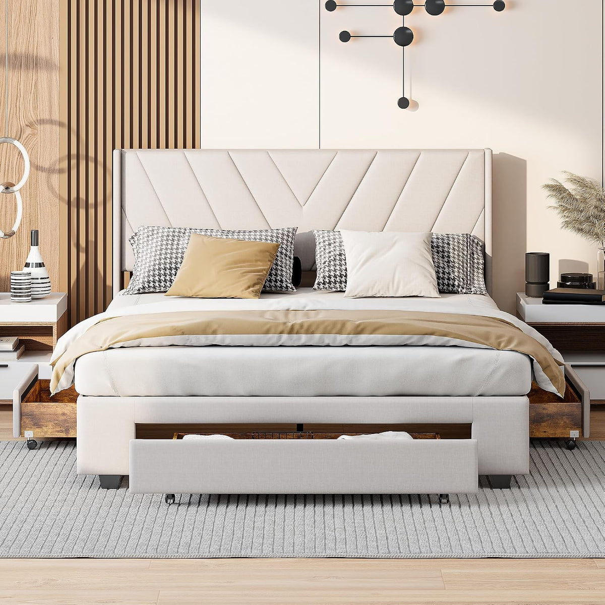 BRILVERDE Cama de matrimonio 160x200 cm, cama tapizada con 3 cajones, cama con cabecera y somier de láminas, sin colchón, lino (Beige(59), 160x200 cm)