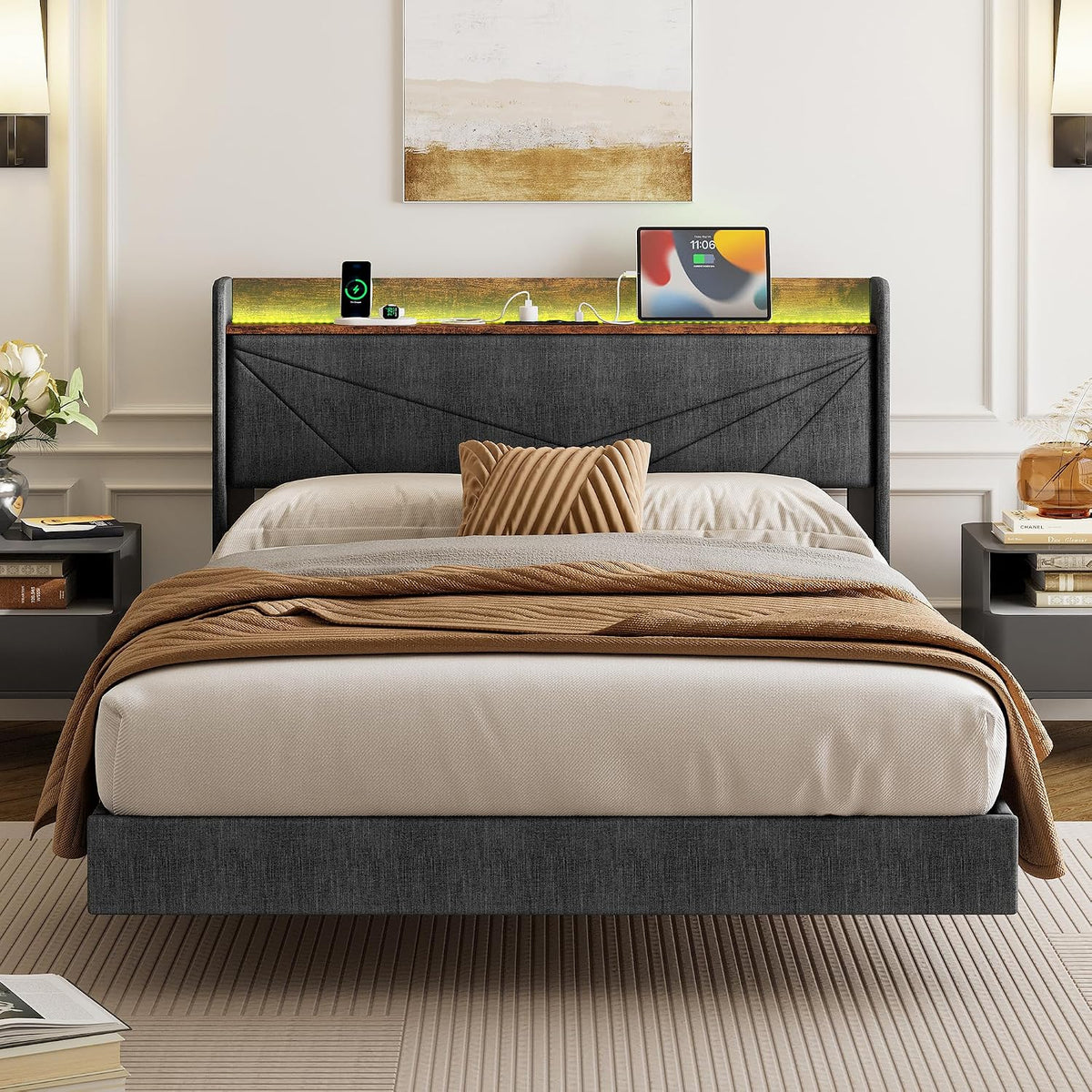 IRONCK Cama Tapizada 140 x 200 cm con Estación de Carga y Luces LED