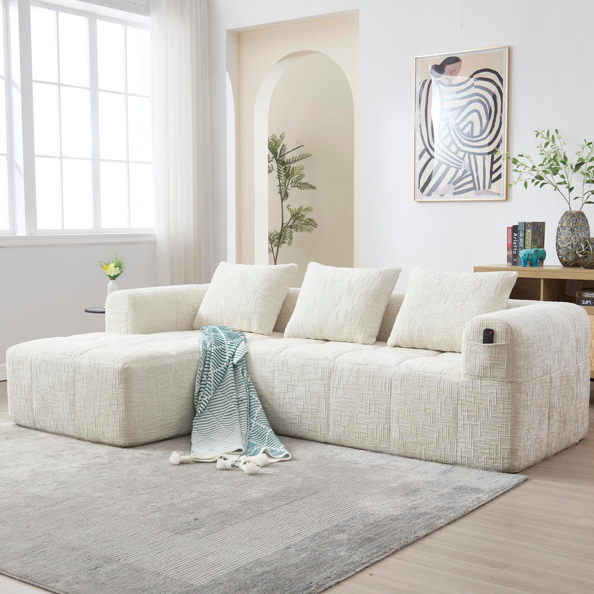 Soweiz Sofá L, seccional de 3 plazas, sofá con chaise longue y reposabrazos, 3 cojines, bolsillo lateral para mando a distancia, 250 x 158 x 60 cm