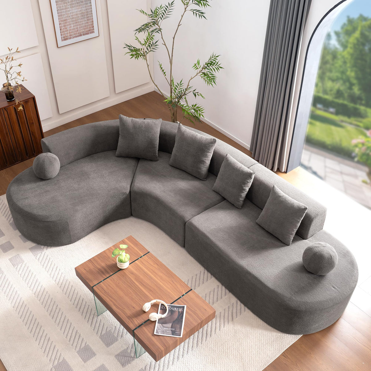 Bladez Sofá esquinero moderno curvado de 5 plazas, sofá modular de terciopelo, diseño curvado, cómodo sofá tapizado, cómodo sofá tapizado con cojines, adecuado para salón y apartamento, color blanco
