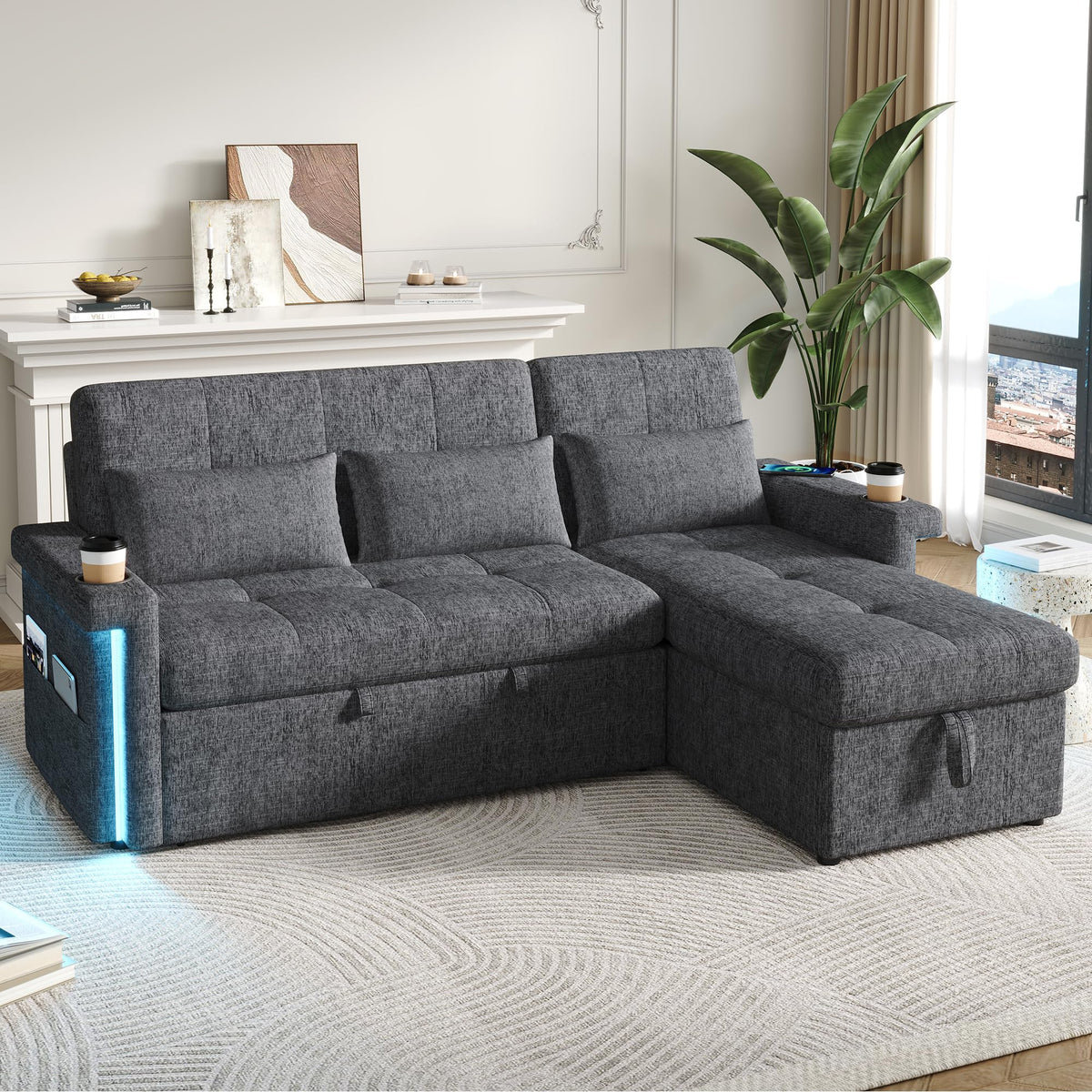 Bladez Sofá cama extensible en forma de L de lino con espacio de almacenamiento, soporte para bebidas, sofá modular de 3 plazas para salón (gris)