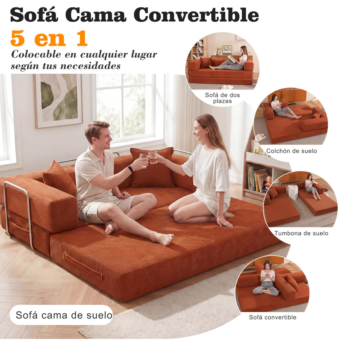 Vipbear Sofá Cama Pana 200×100×70 cm, sofá de Suelo transformable 5 en 1, Espuma de Alta Densidad, Apto para Mascotas y ergonómico, sin Montaje, Verde