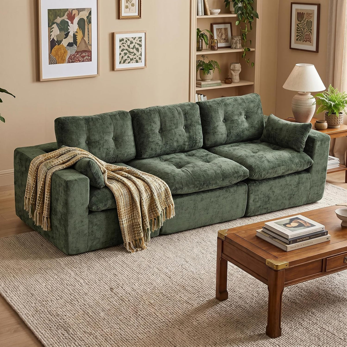 Sofá modular de 3 plazas con función de dormir, asiento extra profundo, felpilla para el hogar, sofá sin marco, sofá cama flexible para salón, verde