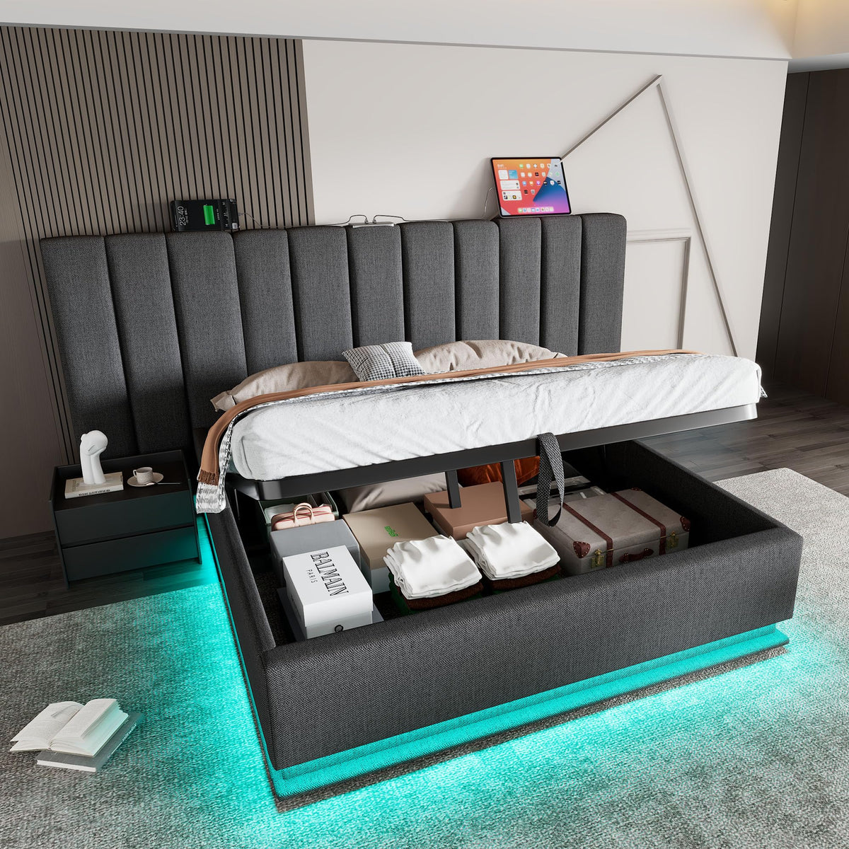 Cama tapizada 180×200cm, Cama Doble con canapé con LED y función de Carga USB-C, PU, sin colchón ni mesita de Noche (Blanco, 180 x 200 cm)