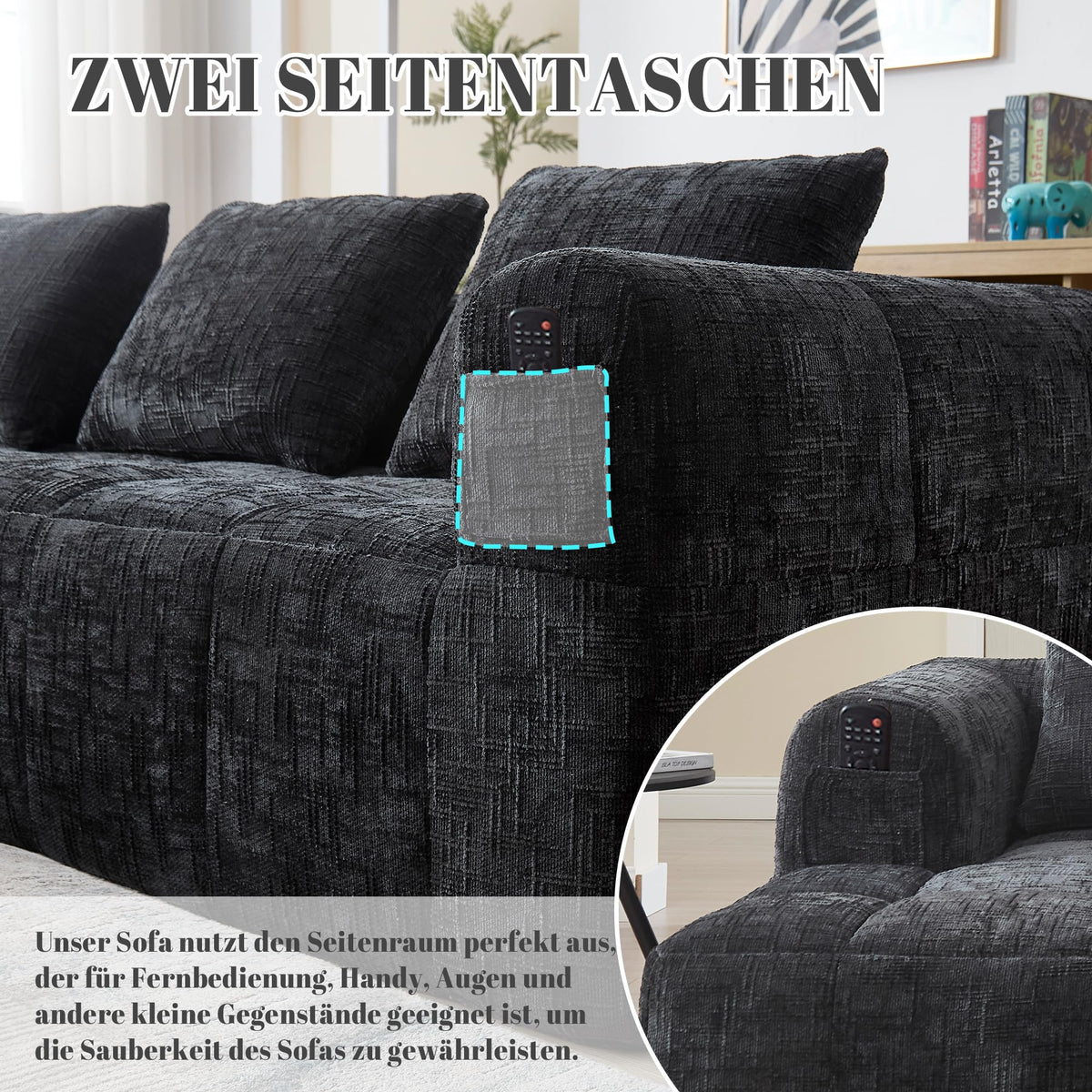 Soweiz Sofá L, seccional de 3 plazas, sofá con chaise longue y reposabrazos, 3 cojines, bolsillo lateral para mando a distancia, 250 x 158 x 60 cm