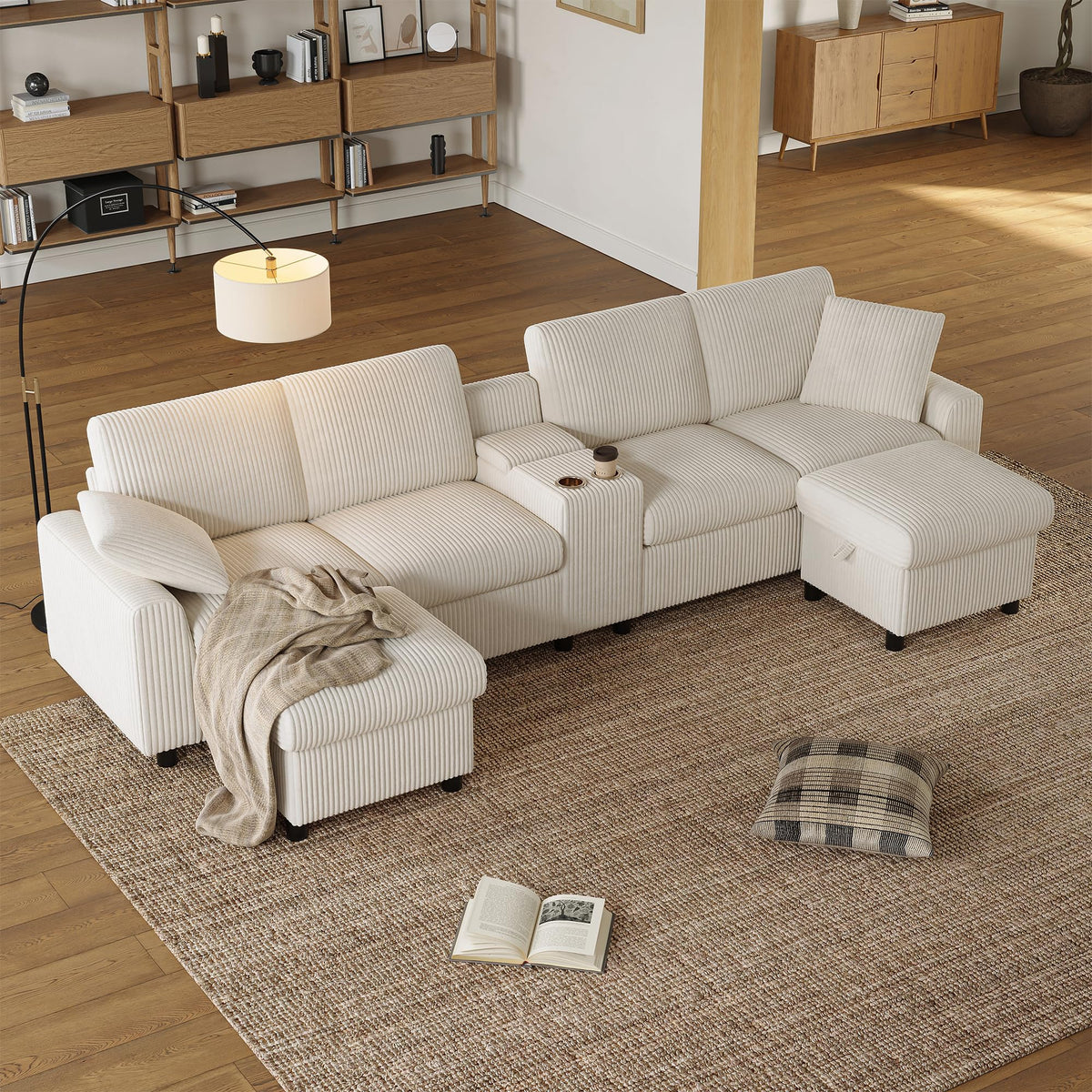 Sofá moderno de chenilla en forma de U con chaise longue, sofá esquinero de 4 plazas con espacio de almacenamiento, puerto USB y tipo C, modular, con soporte para bebidas y cojines suaves