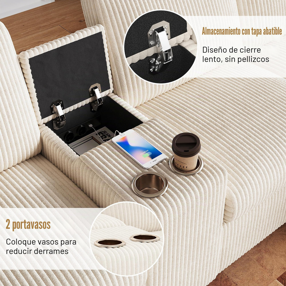 LAKFEW Sofa Cama con Cama Extensible y Taburete Almacenaje, Sofa Rinconera con USB, Lámpara de Lectura, Mesa Plegable con 2 Posavasos, 205x205x85 cm, Gris