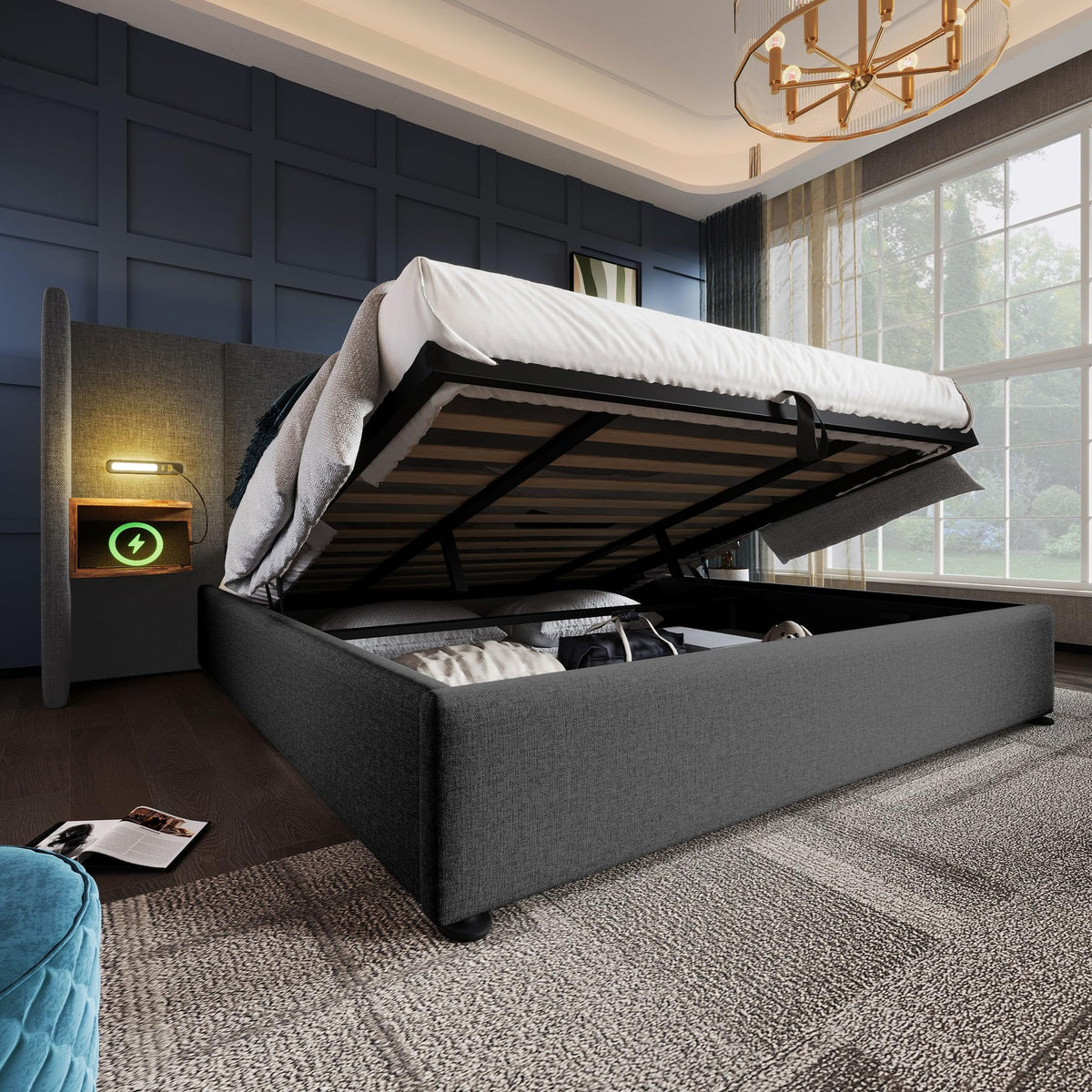 Camas Matrimoniales 160x200 con Cabecero Extendido y Espacio de Almacenaje Hidráulica, Cama Matrimonio con Lámpara de Lectura, Cama Doble con Puerto USB y Tipo C, Lino, Gris, Sin Colchón