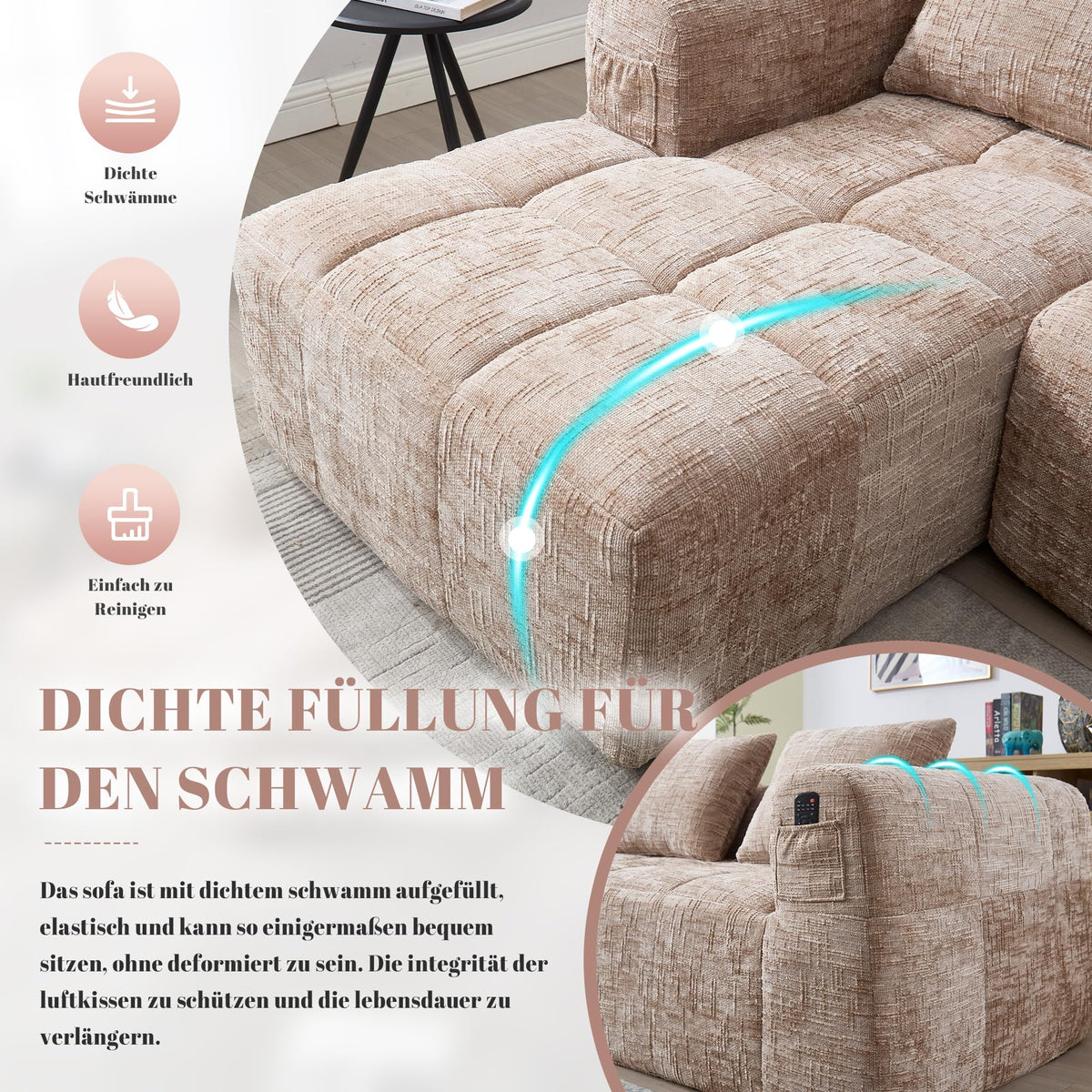 Soweiz Sofá L, seccional de 3 plazas, sofá con chaise longue y reposabrazos, 3 cojines, bolsillo lateral para mando a distancia, 250 x 158 x 60 cm