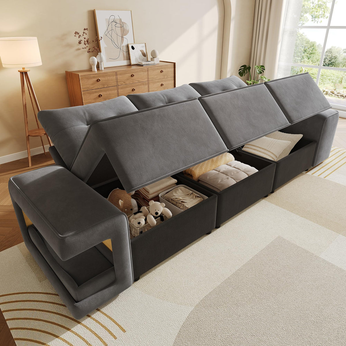 Sofá modular de 6 plazas, sofá esquinero en forma de L/U, puertos USB/tipo C, portavasos y espacio de almacenamiento, tela de chenilla, 7 cojines, salón, dormitorio y oficina, color beige