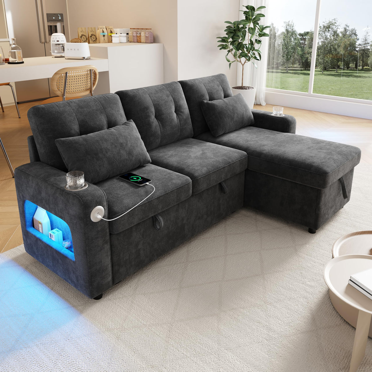 Sapgaks Sofá de esquina convertible de 6 plazas con USB, sofá convertible de 6 plazas, sofá de 6 plazas, en chenilla, con apoyabrazos en forma de librería, puf extraíble para configuraciones en L y en