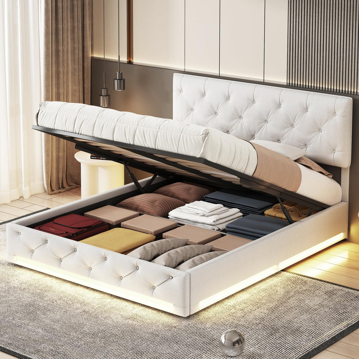 BRILVERDE Cama Tapizada 160x200 con Almacenamiento hidráulico, Cama matrimonial con lámpara de mesita, Cabecero Acolchado y Base de Láminas, Terciopelo (Beige, 160 x 200 cm)