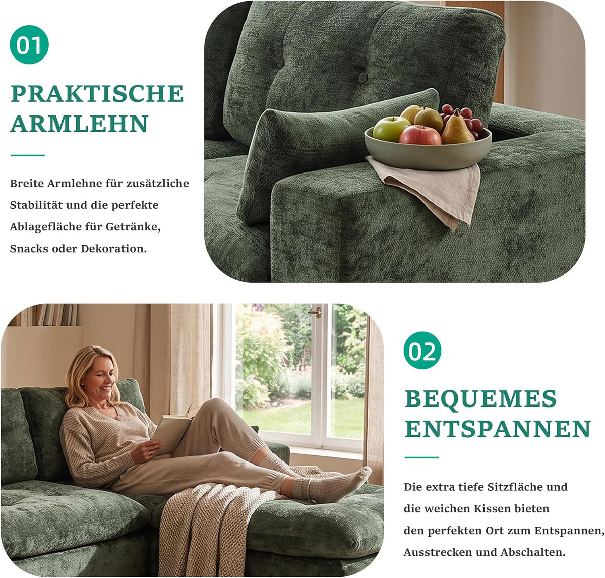 Sofá modular de 3 plazas con función de dormir, asiento extra profundo, felpilla para el hogar, sofá sin marco, sofá cama flexible para salón, verde