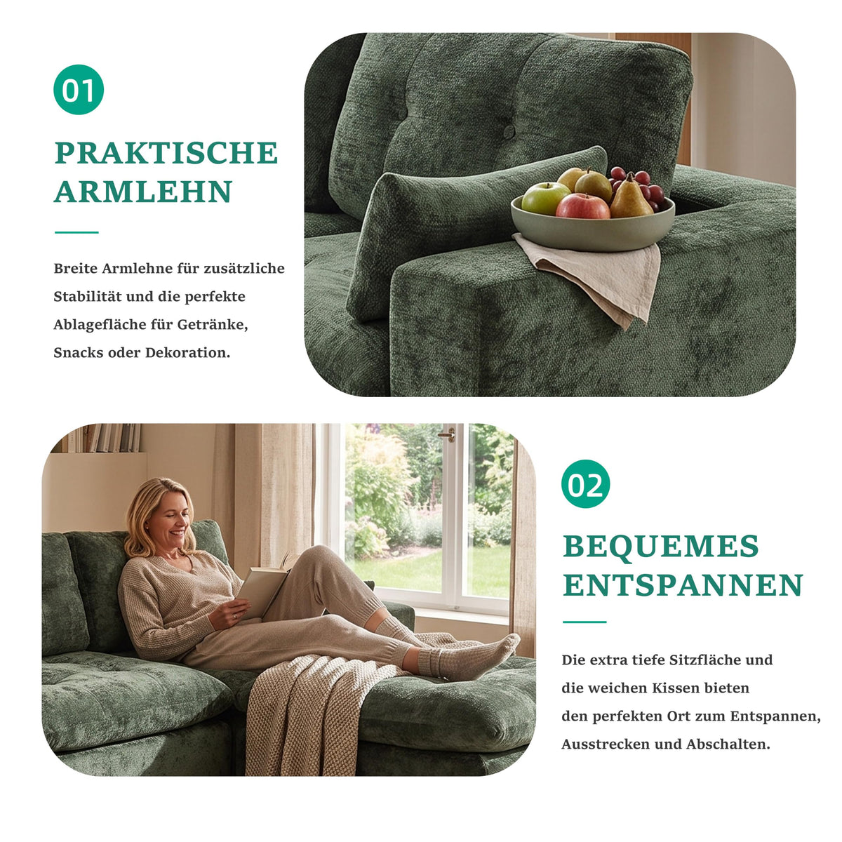 Sofá modular de 3 plazas con función de dormir, asiento extra profundo, felpilla para el hogar, sofá sin marco, sofá cama flexible para salón, verde