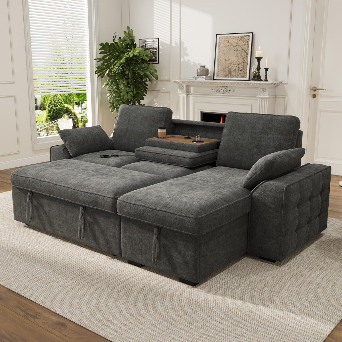 Sofá modular de 3 plazas con función cama extensible y USB/Type-C, sofá esquinero en forma de L con reposacabezas semifijos y compartimento de almacenamiento, sofás con chaise longue