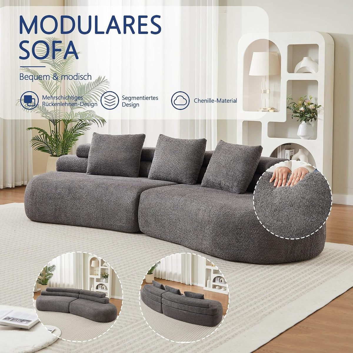 Bladez Sofá modular de 4 plazas chenilla sofá curvado en la nube gris