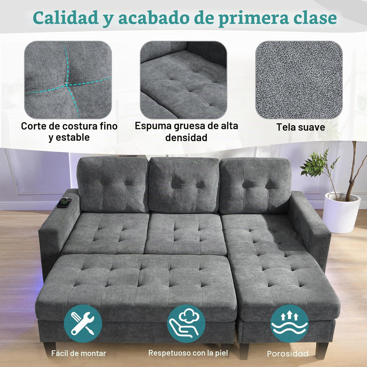 Lubvtti Sofá cama de 3 plazas moderno con función de cama, con espacio de almacenamiento, cargador USB, reposabrazos portaobjetos y 2 cojines, sofá de esquina en L, sofá de 3 plazas, chenilla (C-gris)