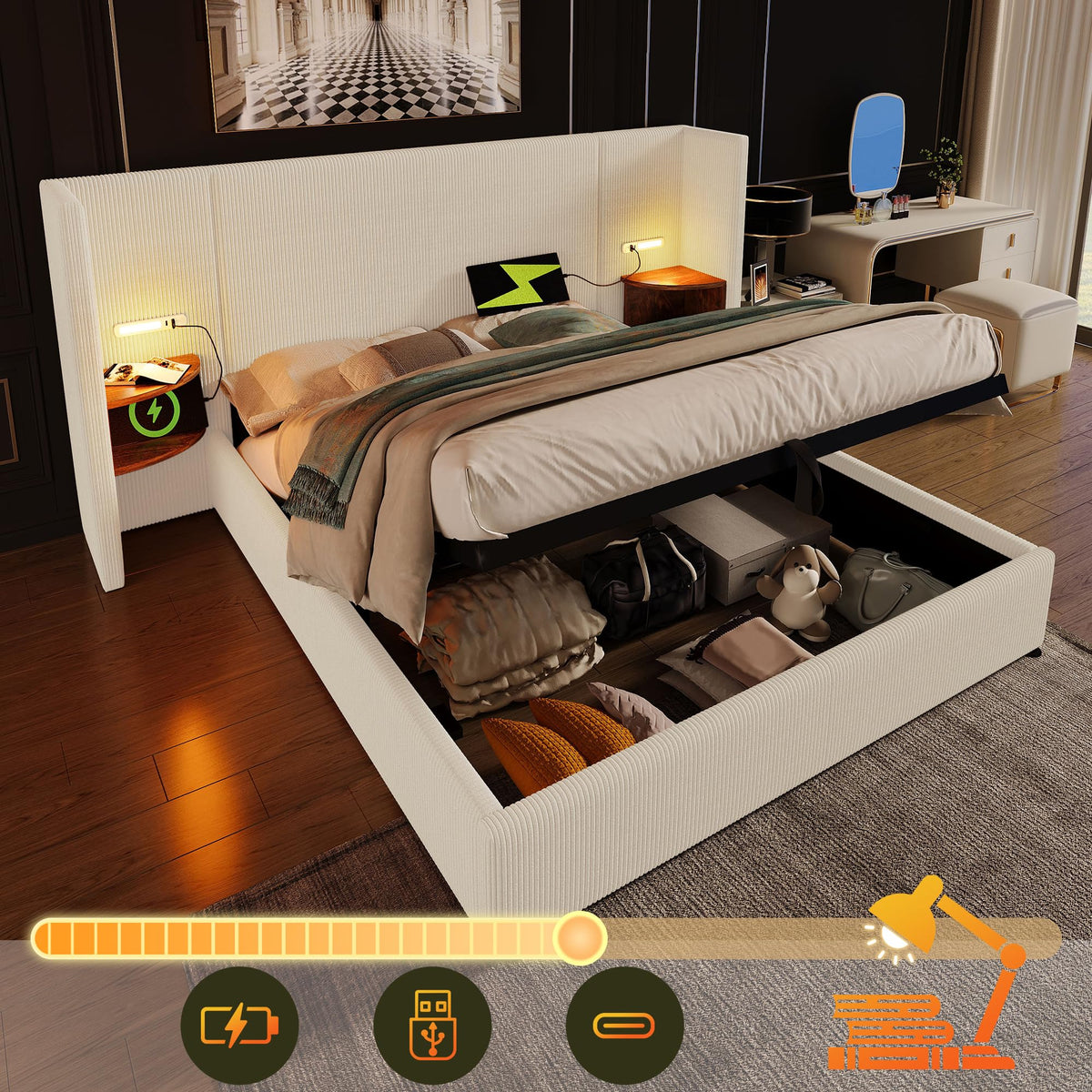 Camas Matrimoniales 160x200 con Cabecero Extendido y Espacio de Almacenaje Hidráulica, Cama Matrimonio con Lámpara de Lectura, Cama Doble con Puerto USB y Tipo C, Lino, Gris, Sin Colchón