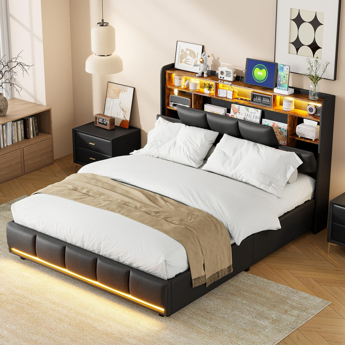 Cama tapizada de 160 x 200 cm, cama doble LED con espacio de almacenamiento, cabecero y función de carga USB C, cama de almacenamiento hidráulico, respaldo con somier de láminas de madera