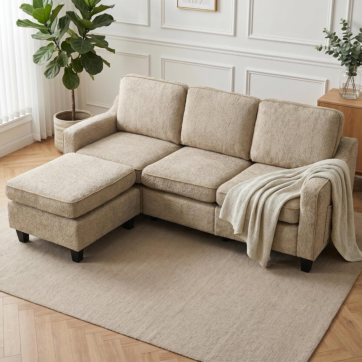 Sofá de 3 plazas con taburete, sofá flexible en forma de L como sofá esquinero, funda de tela suave con acolchado de espuma de alta densidad, sofá de salón para sala de estar, dormitorio, oficina y