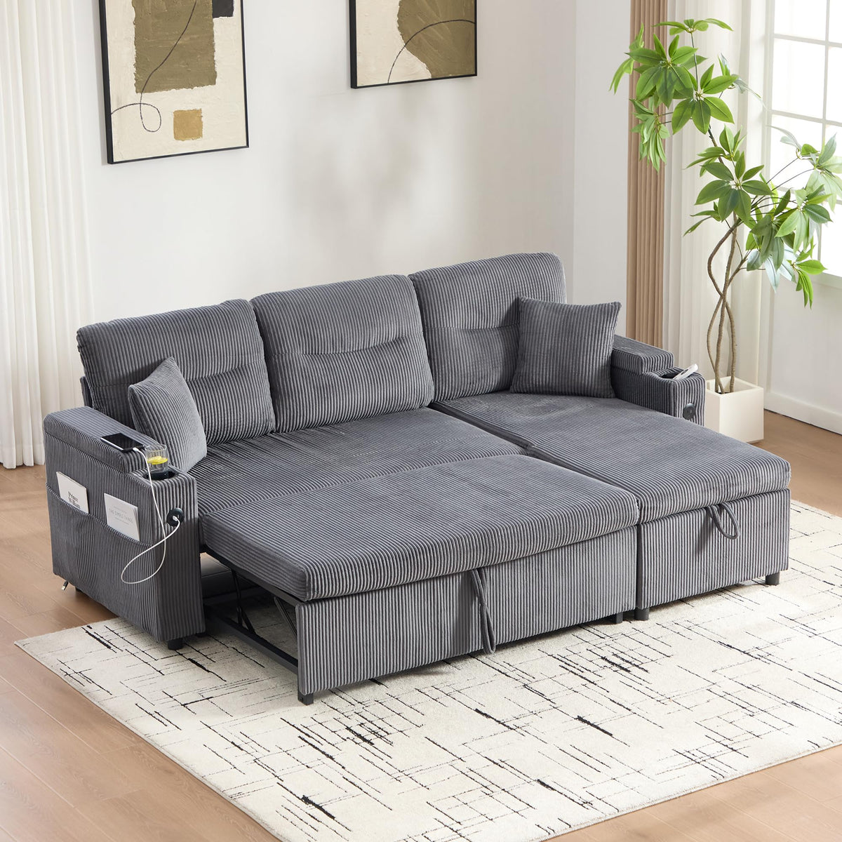 Dolamaní Sofá moderno de 4 plazas de tela de lino con espacio de almacenamiento y función de dormir, sofá cama con cajonera extensible en forma de L para casa y salón (beige B)