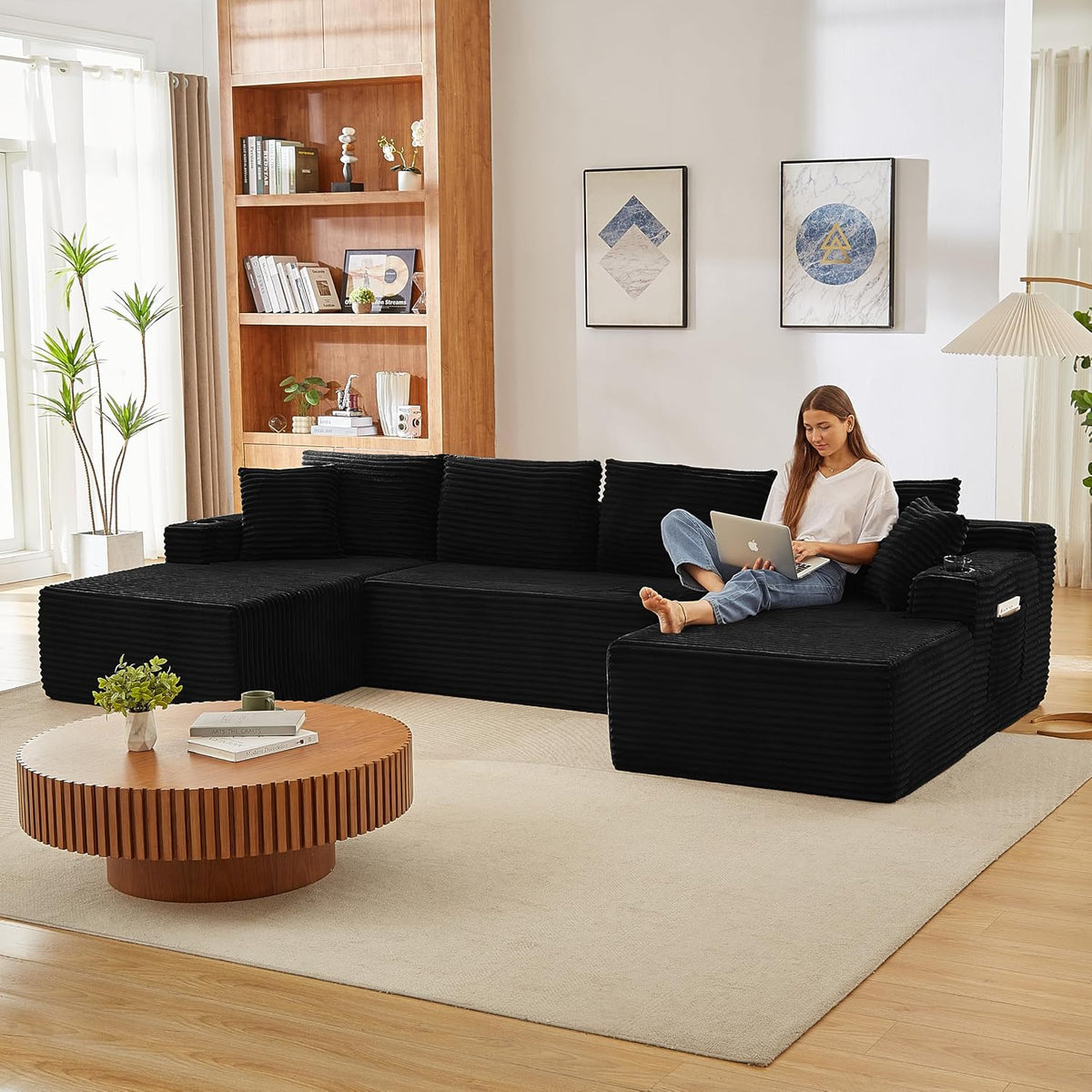 Bladez Sofá esquinero modular en forma de U de pana de 3 plazas gris con otomana