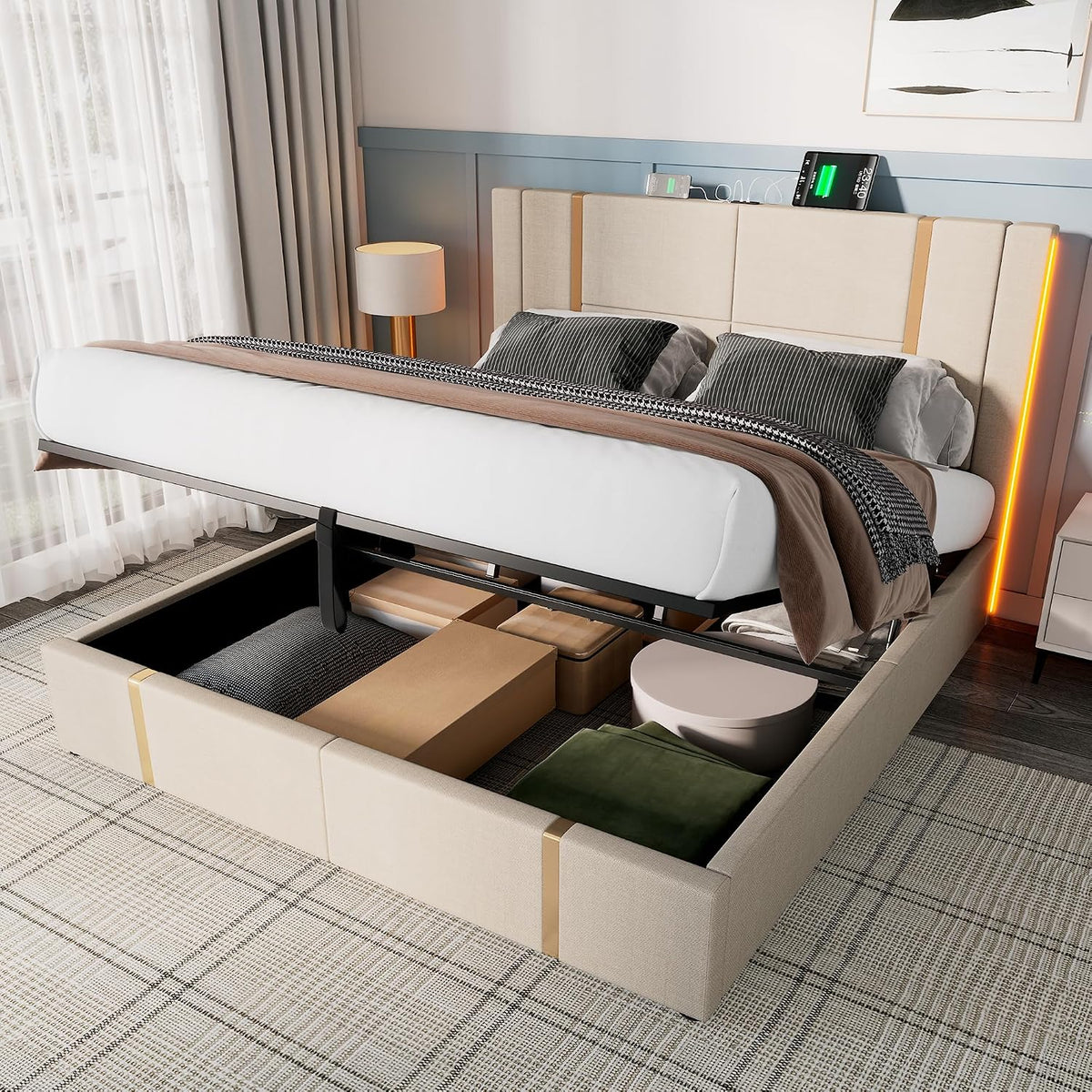 Cama tapizada doble USB tipo C función de carga APP Control LED 180 × 200 cm espacio espacio cama somier de láminas de madera, material de lino beige (sin colchón)