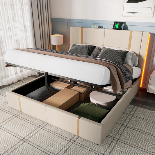 Cama tapizada doble USB tipo C función de carga APP Control LED 180 × 200 cm espacio espacio cama somier de láminas de madera, material de lino beige (sin colchón)