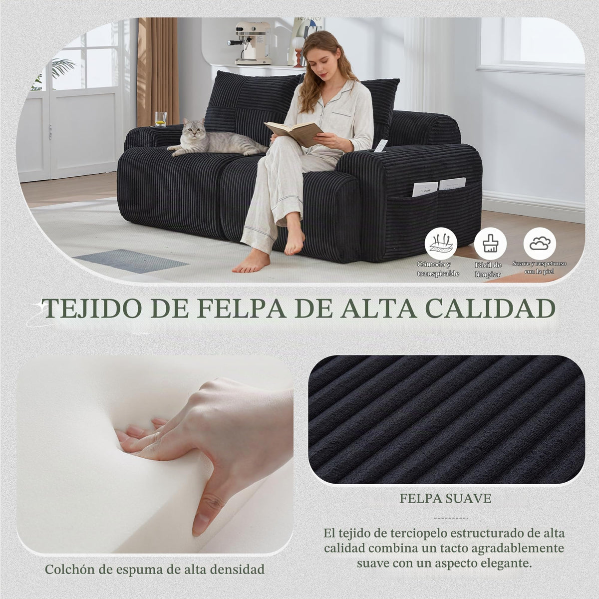 Sofá modular de 200 cm, sofá de 2 plazas con portabebidas y bolsillo de almacenamiento lateral, sofá comprimido de pana, sofá seccional para sala de estar y dormitorio