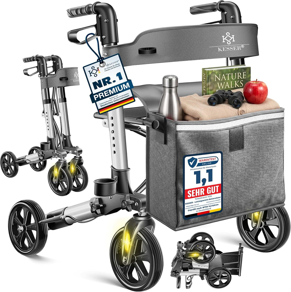 KESSER® Andador plegable con asiento y respaldo, 4 Ruedas/Frenos/Saco de Compra y Porta Bastón, Altura Ajustable 82-94cm, Andador, Carro, Rollator para Ancianos Gris
