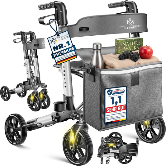 KESSER® Andador plegable con asiento y respaldo, 4 Ruedas/Frenos/Saco de Compra y Porta Bastón, Altura Ajustable 82-94cm, Andador, Carro, Rollator para Ancianos Gris