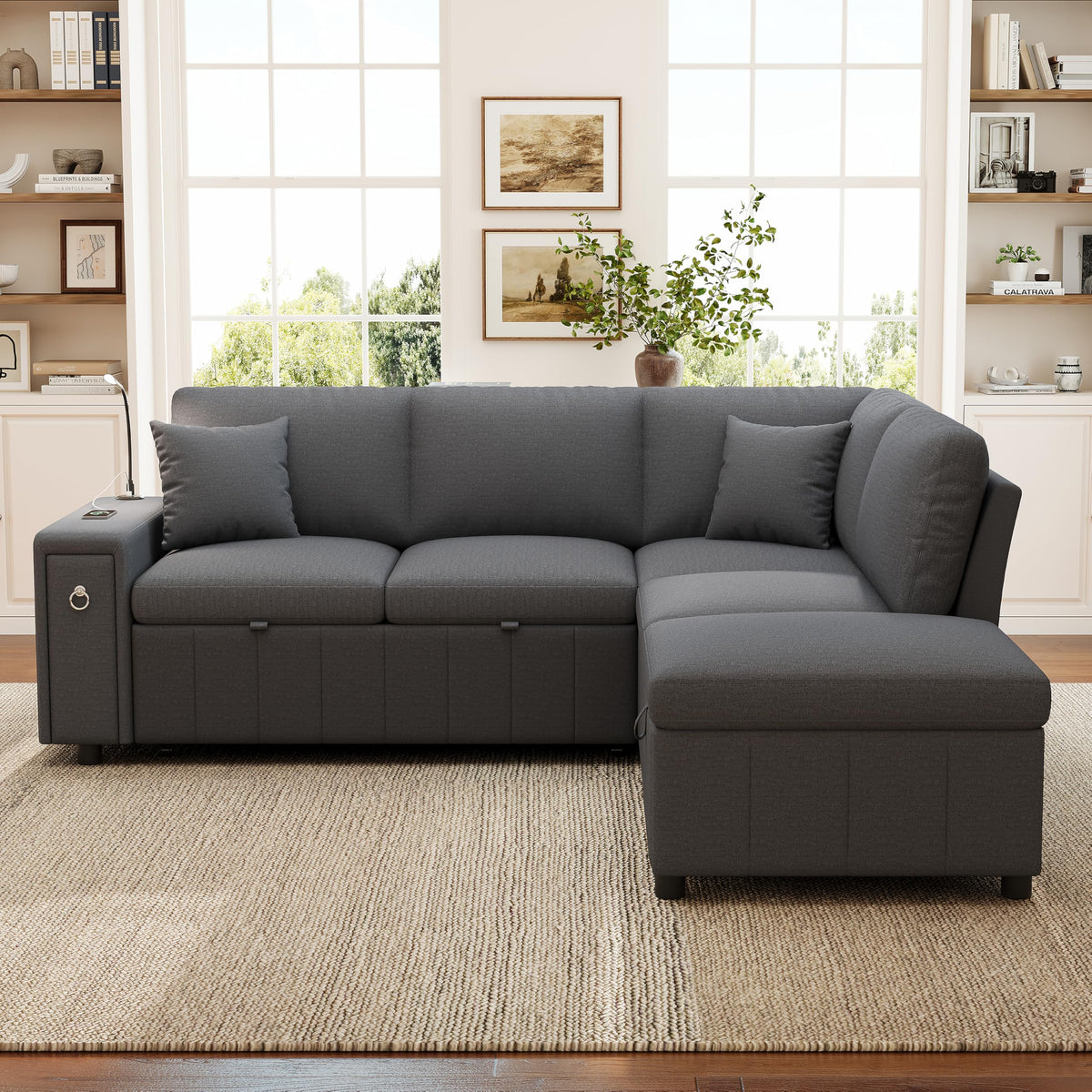 Sapgaks Sofá modular moderno de 6 plazas, con USB y portavasos, sofá de esquina modular muy grande en forma de U/L, con reposapiés extraíble y apoyabrazos con estantería, tela de chenilla, beige