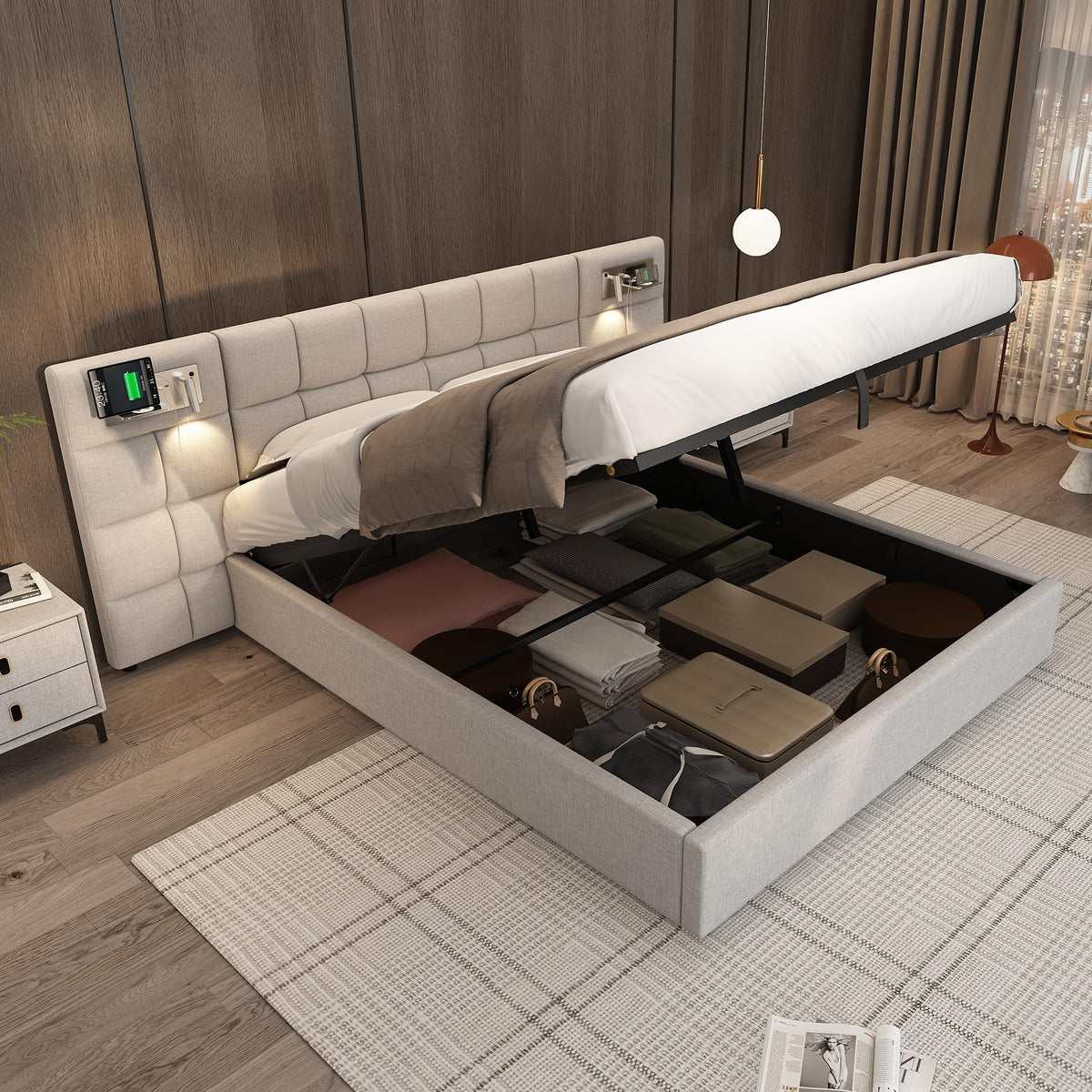 Cama 180x200 cm Camas Matrimoniales con LED y Lámpara de Noche, Cama Doble Tapizada con USB y Cabecero Ancho, Almacenaje Hidráulico, Soporte de Lamas de Madera, Terciopelo, Sin Colchón, Gris