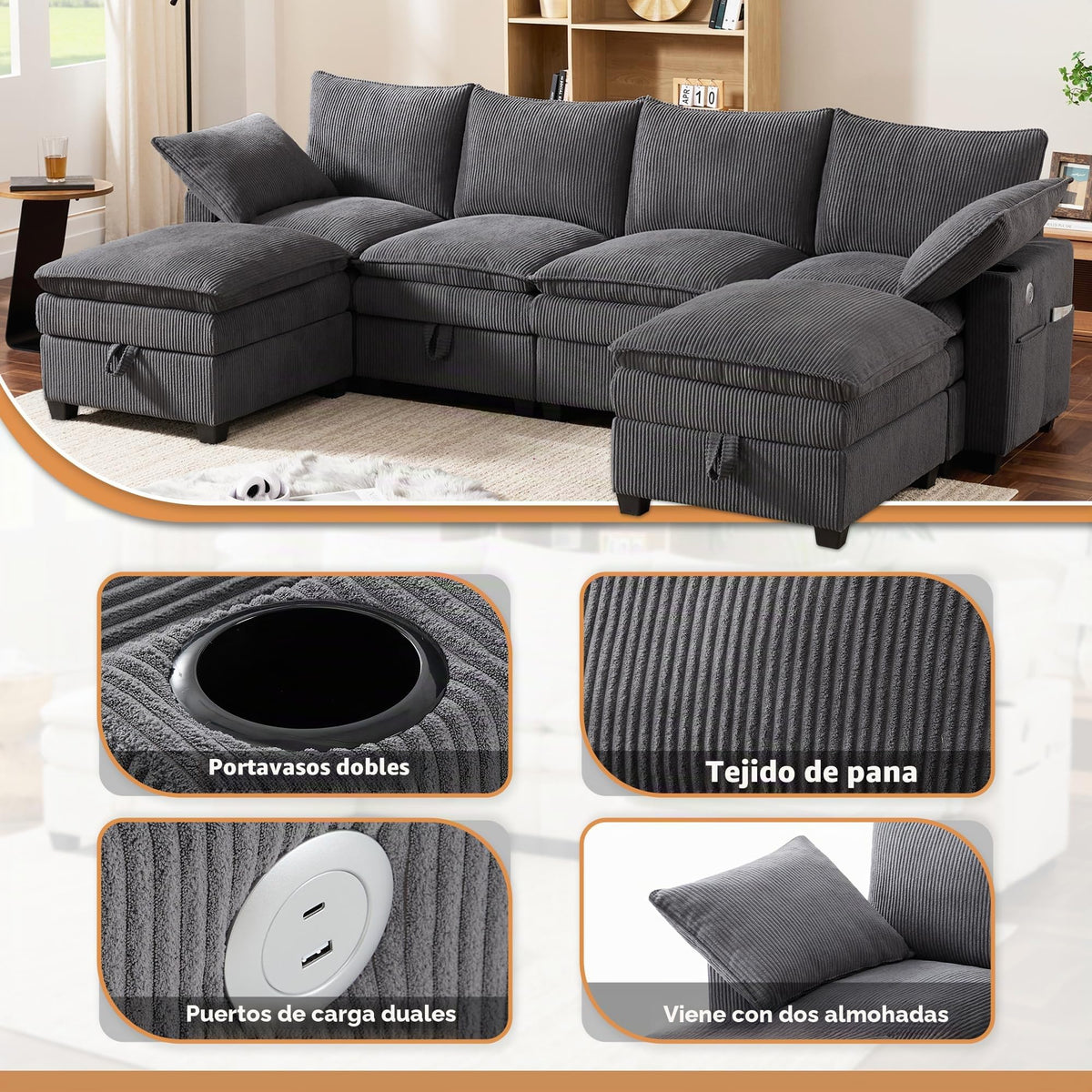 Sofá modular de 6 plazas, sofá esquinero en forma de L/U, puertos USB/tipo C, portavasos y espacio de almacenamiento, tela de chenilla, 7 cojines, salón, dormitorio y oficina, color beige